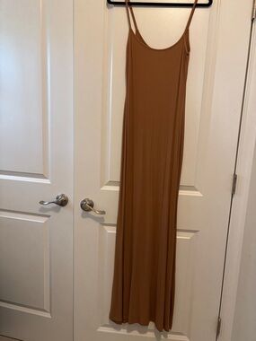 SKIMS Caramel Brown Maxi Slip Dress with Thin Straps